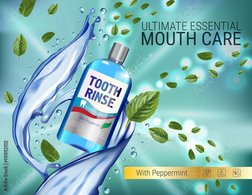 Mouth rinse ads. Vector 3d Illustration with Mouth rinse in bottle and mints leaves.