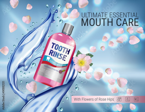 Mouth rinse ads. Vector 3d Illustration with Mouth rinse in bottle and rosehip flower.