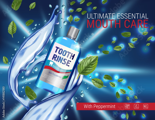 Mouth rinse ads. Vector 3d Illustration with Mouth rinse in bottle and mints leaves