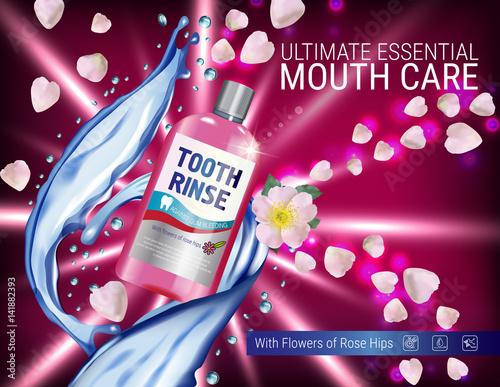 Mouth rinse ads. Vector 3d Illustration with Mouth rinse in bottle and rosehip flower.