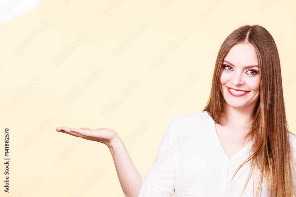 Woman holds empty hand copy space for product Woman holds empty hand copy space for product