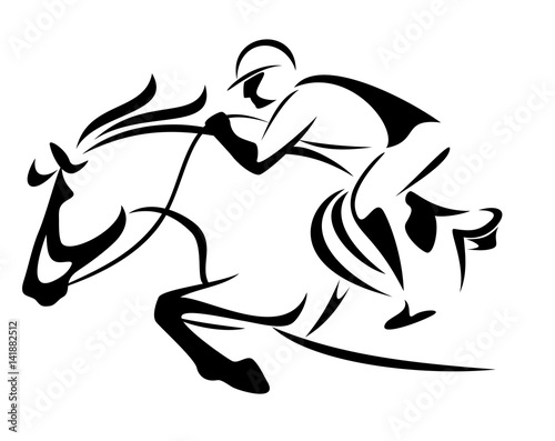 show jumping emblem - black and white vector outline of horse and jockey photo