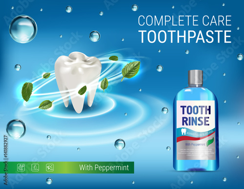 Mouth rinse ads. Vector 3d Illustration with Mouth rinse in bottle and mints leaves.