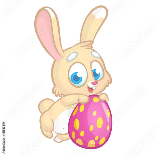 Easter Bunny rabbit holding a pink egg and smiling. Vector cartoon