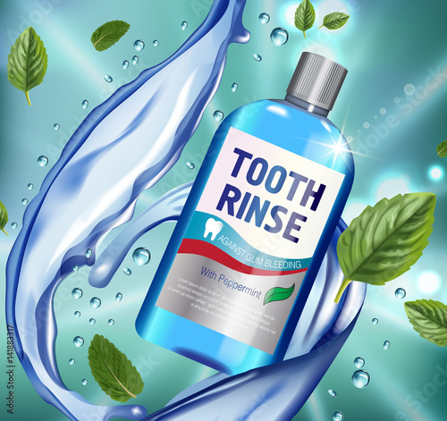 Mouth rinse ads. Vector 3d Illustration with Mouth rinse in bottle and mints leaves