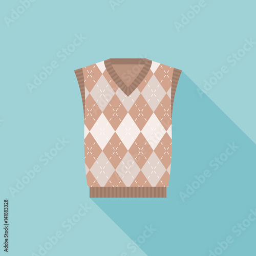 brown argyle male's knitted vest icon, flat design with long shadow