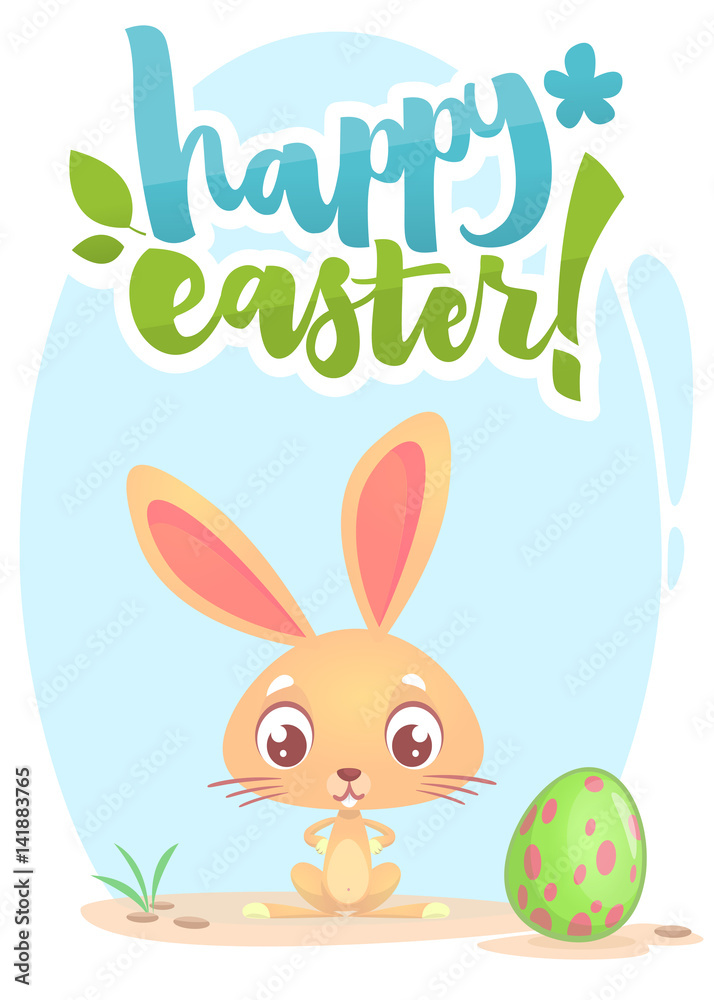 Happy Easter lettering card with cartoon bunny rabbit. Hand drawn lettering poster for Easter. Modern calligraphy vector Happy Easter lettering card with cartoon bunny rabbit. Hand drawn lettering poster for Easter. Modern calligraphy vector