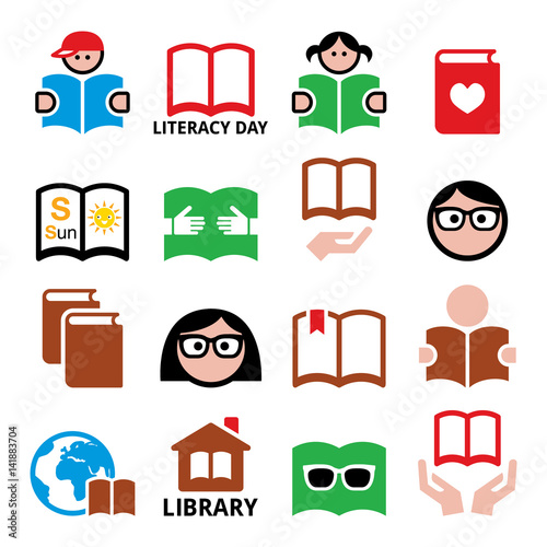 Children and adults reading books, International Literacy Day icons