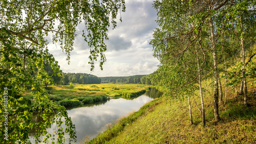 летний пейзаж с березовой рощей и холмом, Россия, Урал 