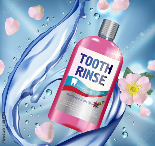 Mouth rinse ads. Vector 3d Illustration with Mouth rinse in bottle and rosehip flower.
