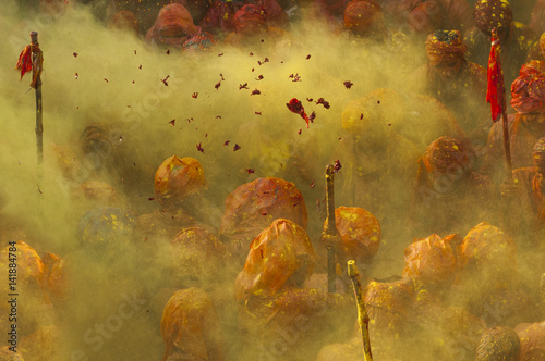 People celebrating Holi festival in Mathura
