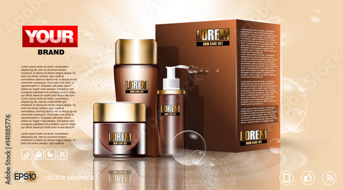 Cosmetic set ads template, moisturizing lotions collection cover mockup. Dazzling effect background. Brown Cream, spray bottle, tube. 3D Realistic Vector illustration