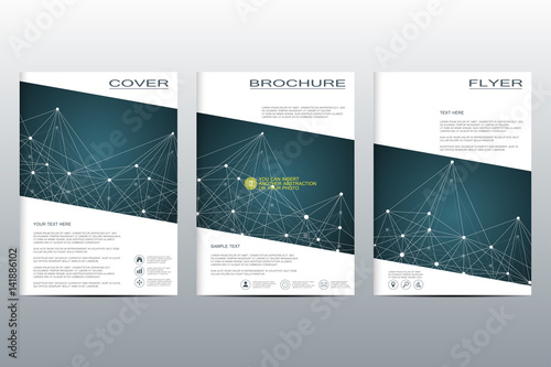 Set of business templates for brochure, flyer, cover magazine in A4 size. Structure molecule DNA and neurons. Geometric abstract background. Medicine, science, technology. Scalable vector graphics.