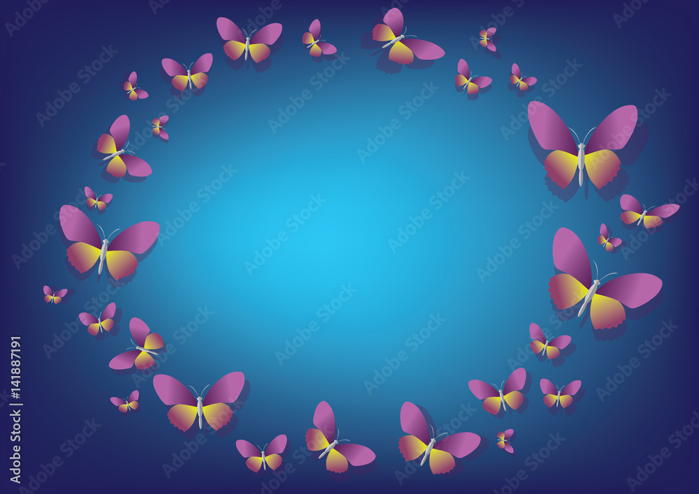 Abstract blue background with color paper butterflies