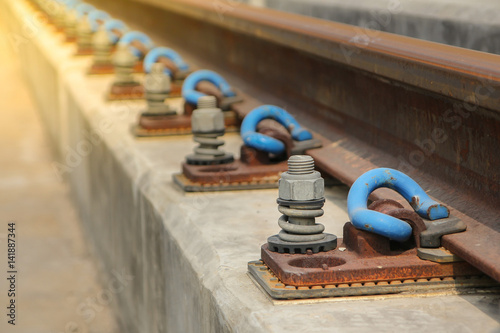 Close up Rail fastener for hold rail with concrete track plinth of sky train