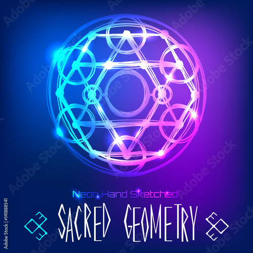 Abstract background with hand sketched sacred geometry, neon light vector illustration