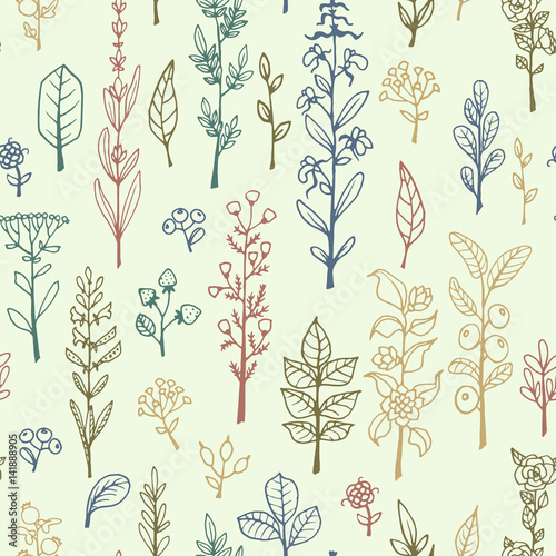 Seamless pattern with handdrawn vector doodle herbs and flowers