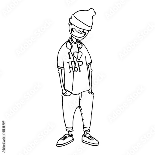 Character in the style of hip-hop. Cool smiling rapper. The concept of street style. Sketch. It can be used as posters, printed materials, videos, mobile apps, web sites and print projects.