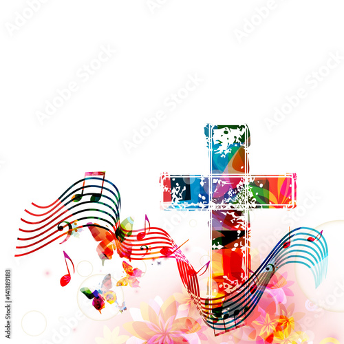 Colorful christian cross with stave and music notes isolated vector illustration