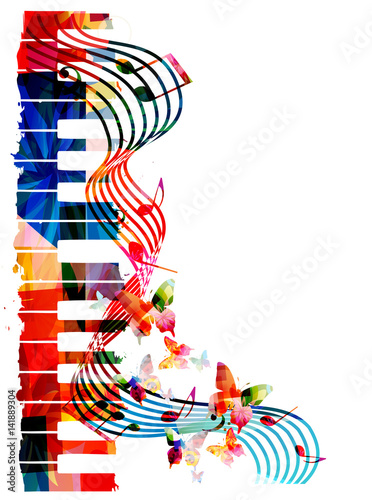 Colorful piano keyboard with music notes and butterflies isolated vector illustration. Music background for poster, brochure, banner, flyer, concert, music festival