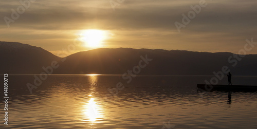 Magnificent scenery of sunset over lake prespa in macedonia