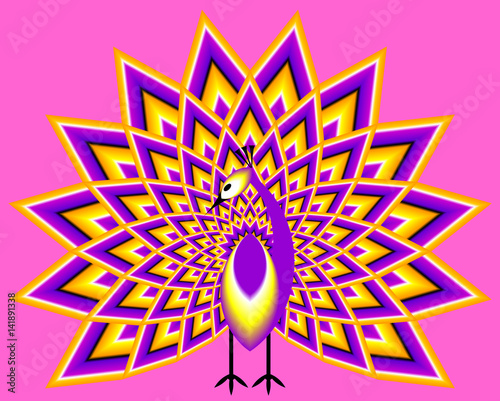 Peacock with yellow and purple tail in techno style. Optical expansion illusion.