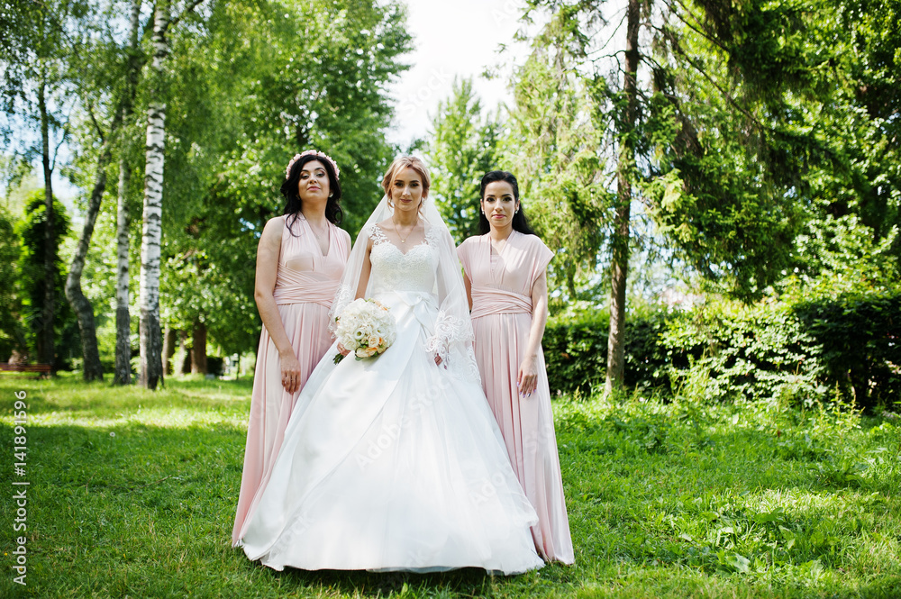 Bride posed on park with two cute brunette bridesmaids on pink dresses.