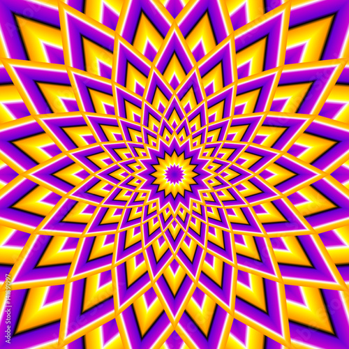 Yellow and purple background with flower in techno style. Optical expansion illusion.
