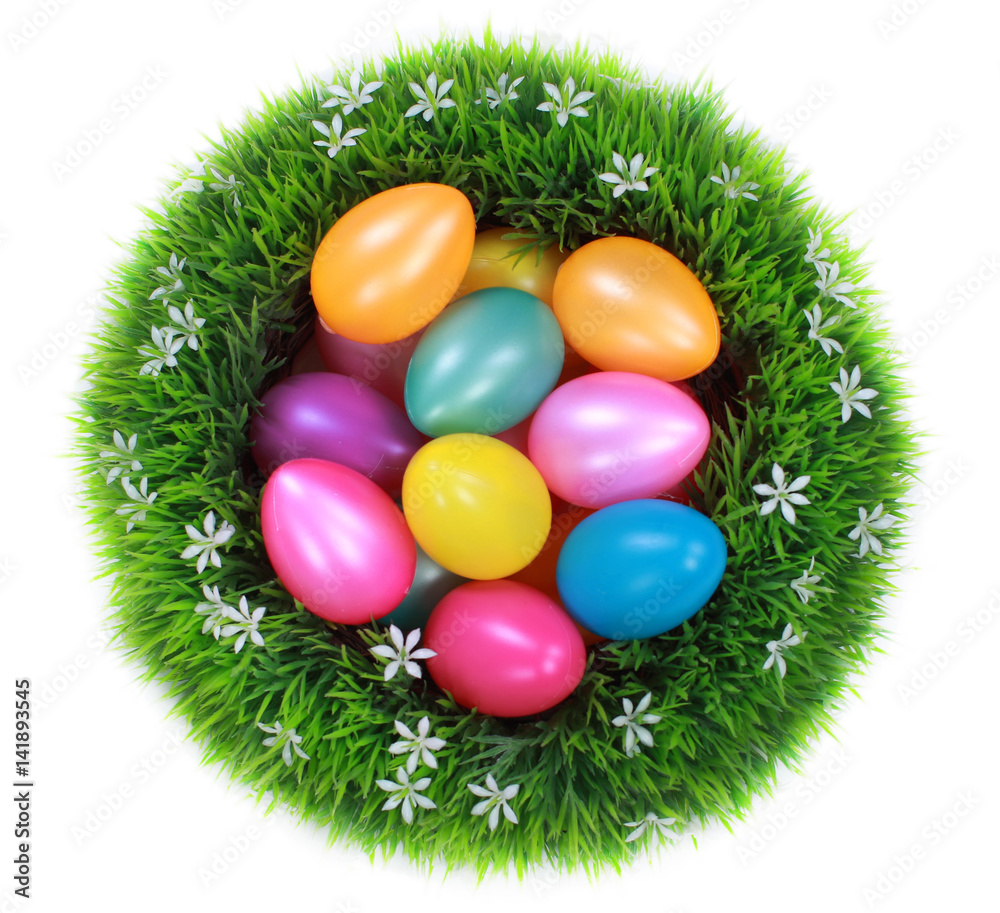 Easter eggs in green nest on white Easter eggs in green nest on white