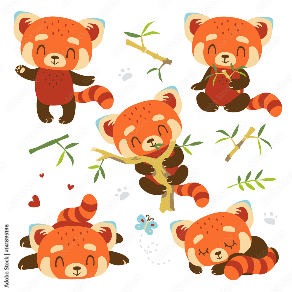 Naklejka premium vector cartoon red panda set