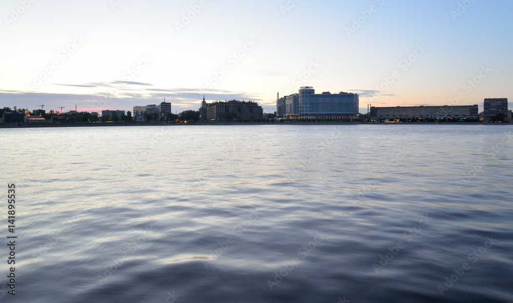 Silhouette of the Sverdlovskaya embankment before dawn.