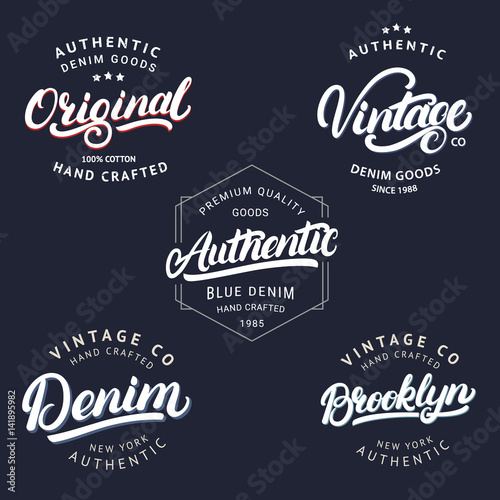 Set of Vintage, Brooklyn, Denim, Original and Authenic hand written lettering for label, badge, tee print.