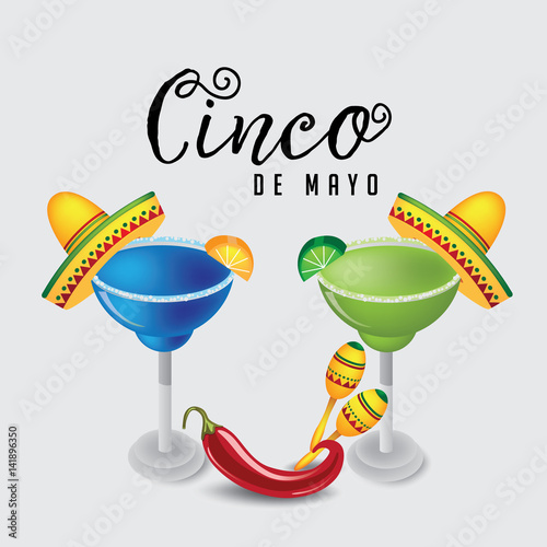 Cinco De Mayo sombrero, chili pepper, cactus and maracas festive design. For celebration of the Mexican holiday on May 5. EPS 10 vector.