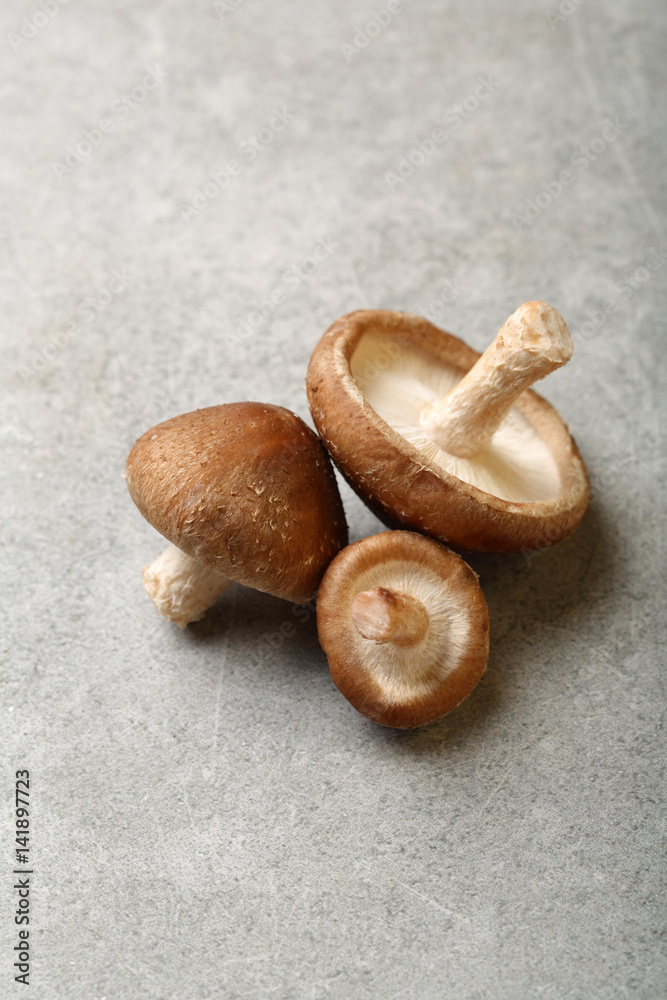 Shiitake mushrooms on gray background