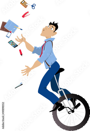 Young man riding a unicycle and attempting to juggle office tools, EPS 8 vector illustration
