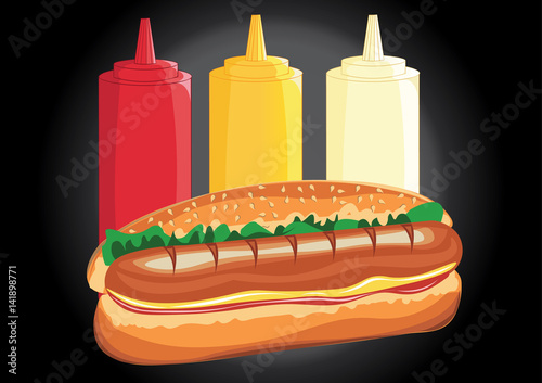 Hot dog and dispensers, ketchup, mustard and mayonnaise