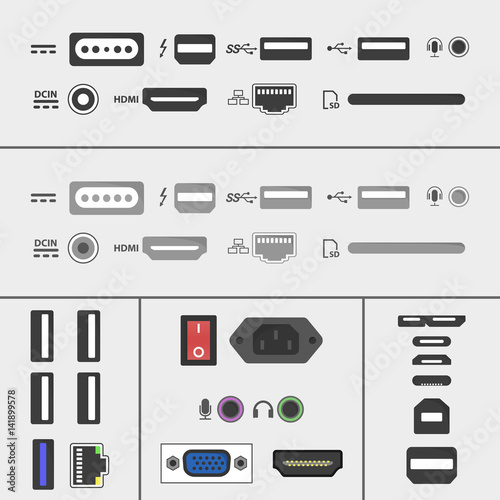Laptop and PC connectors icons set. Power supply, USB, Ethernet, SD, HDMI, audio and video sockets. computer peripherals in flat design