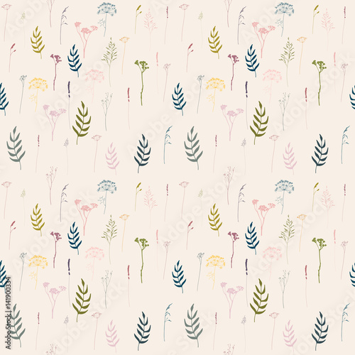 Vector floral seamless pattern with lavender, fennel and other wild meadow  g...