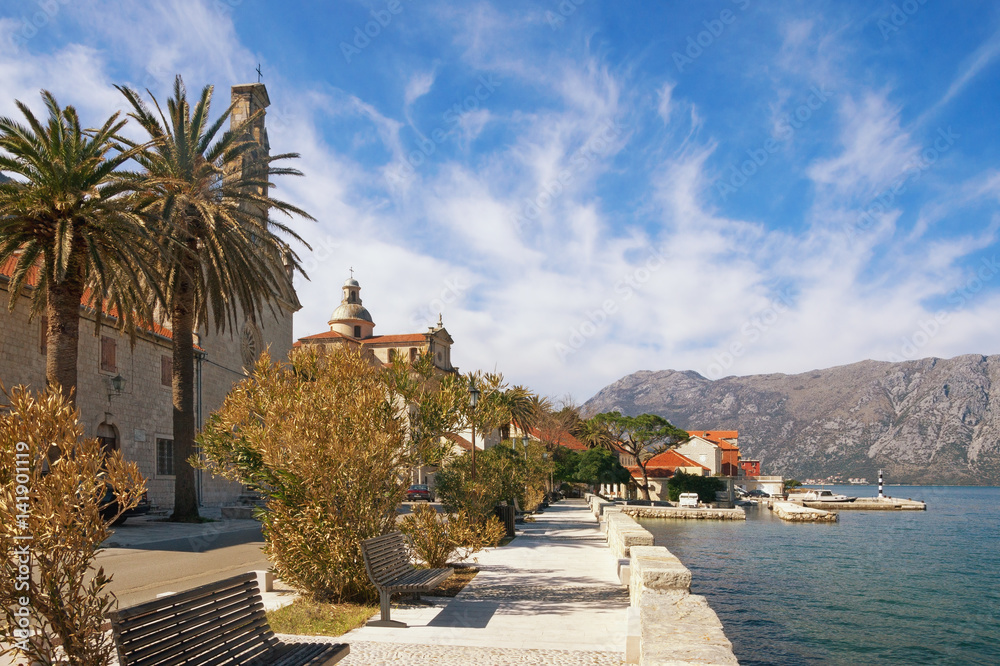 Embankment of  Prcanj town. Bay of Kotor, Montenegro