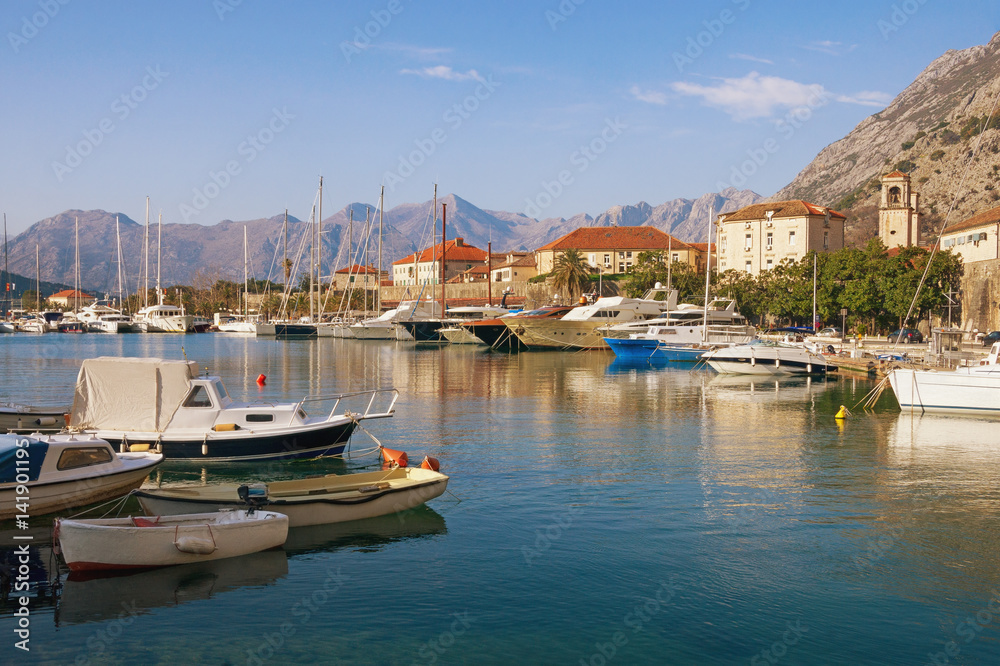 View of Boka Kotorska Bay near Old Town of Kotor on a sunny day. Montenegro