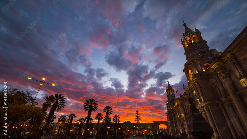Naklejka premium Cathedral of Arequipa, Peru, with stunning sky at dusk