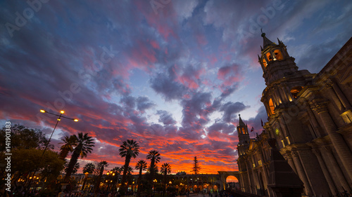 Cathedral of Arequipa, Peru, with stunning sky at dusk