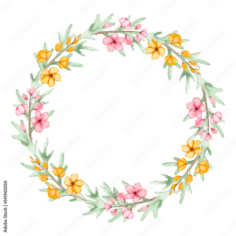 Floral Wreath With Watercolor Yellow And Pink Flowers