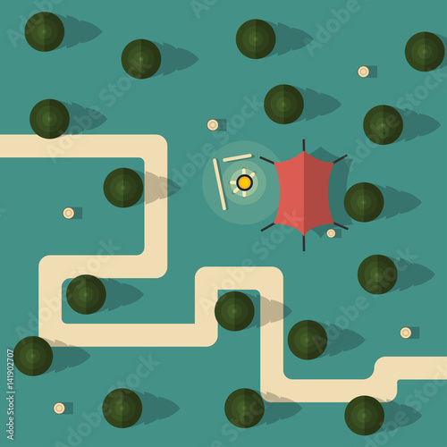 Forest top view. Camping with a tent and campfire. Trees and stumps in the vector. The path in the woods