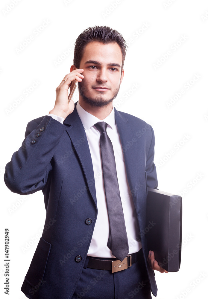 Happy businessman with phone and folder Happy businessman with phone and folder
