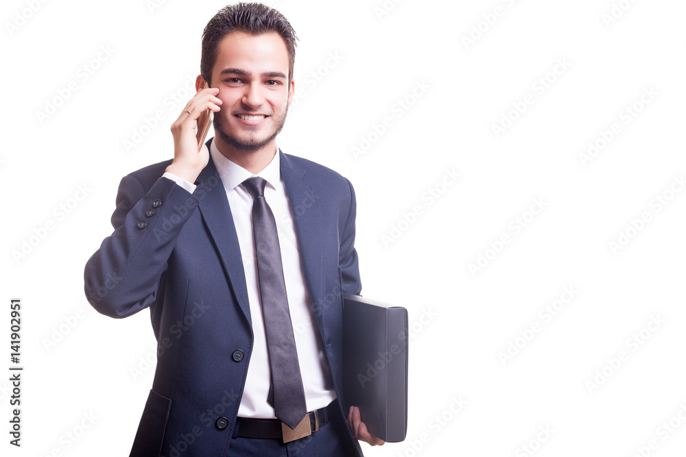 Happy businessman with phone and folder Happy businessman with phone and folder