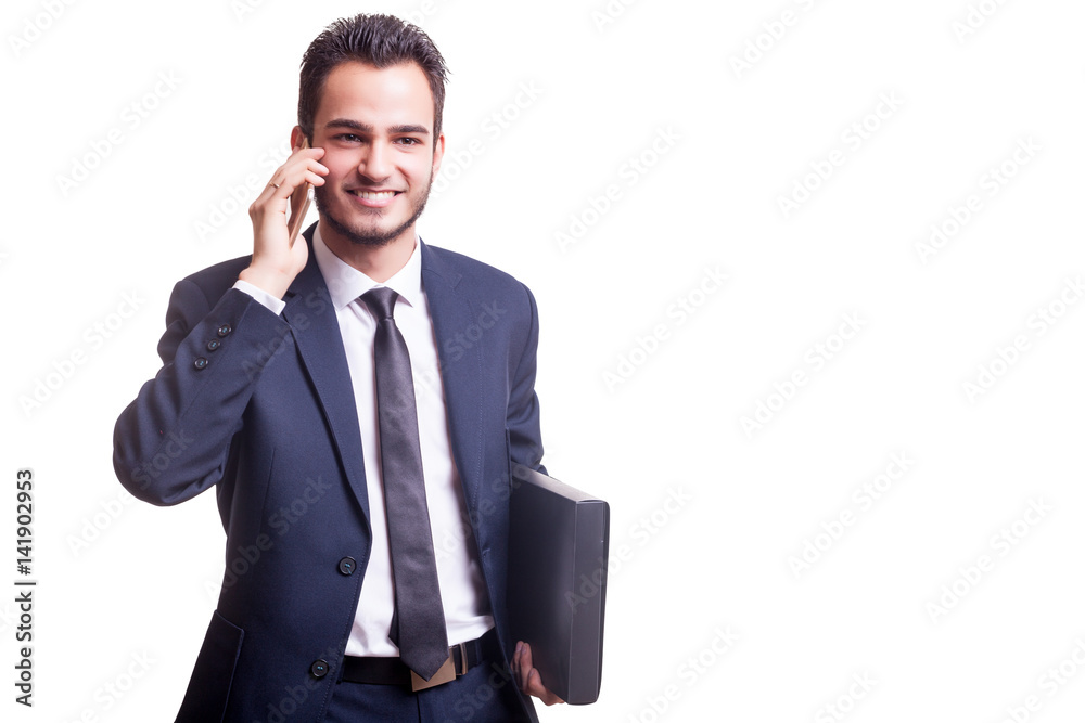 Happy man in suit with phone and folder Happy man in suit with phone and folder