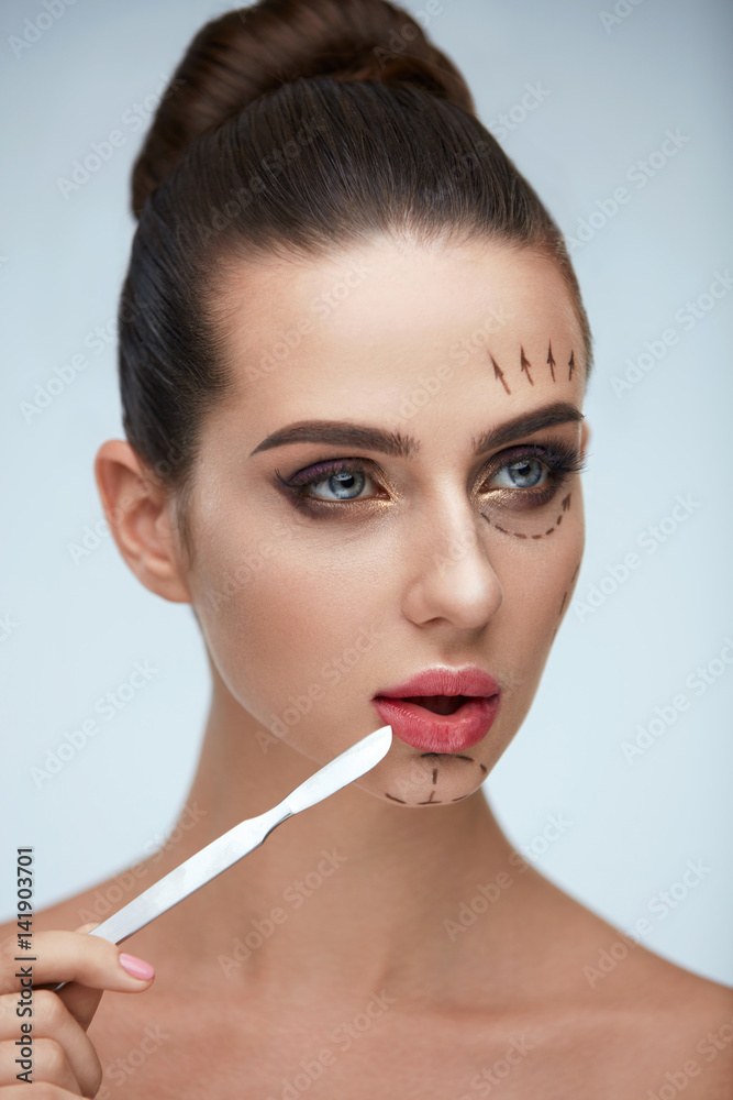 Plastic Surgery Operation. Beautiful Woman With Lines On Face Plastic Surgery Operation. Beautiful Woman With Lines On Face