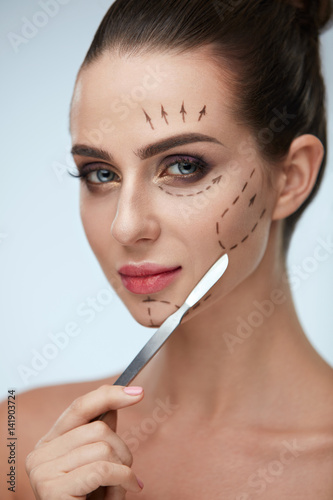 Plastic Surgery Operation. Beautiful Woman With Lines On Face
