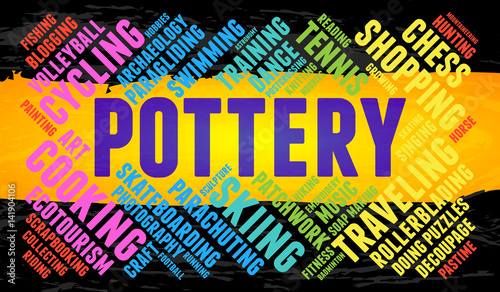 Pottery. Word cloud, multicolor font, yellow stripe, grunge background. Hobby.